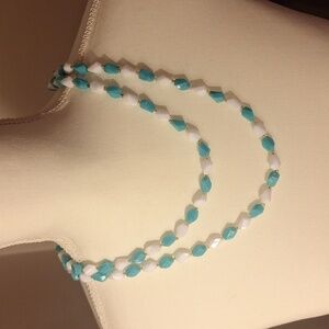 52" Hong Kong Beaded Necklace Turquoise Blue White Vintage Retro 1960s Mod Style